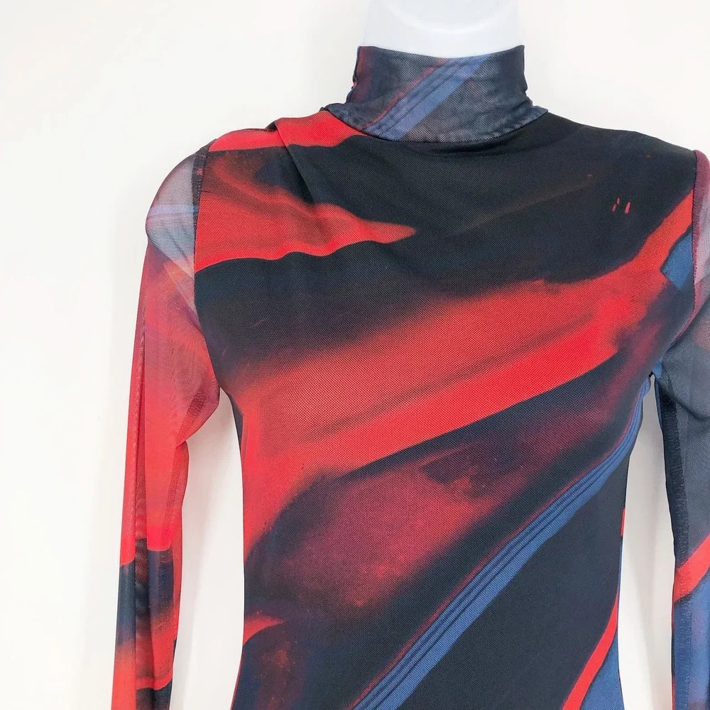 EDIKTED Sparks Fly Mesh Minidress Small Red Mock Neck Abstract NWOT - Picture 6 of 9